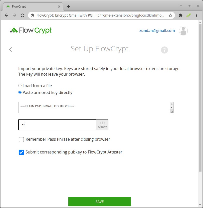 FlowCryptへの私有鍵の設定