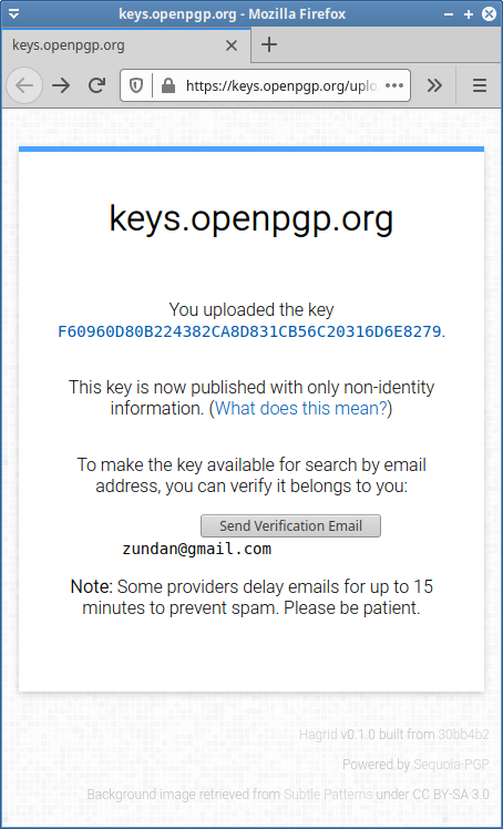 keys.openpgp.orgによる確認メール送信ページ