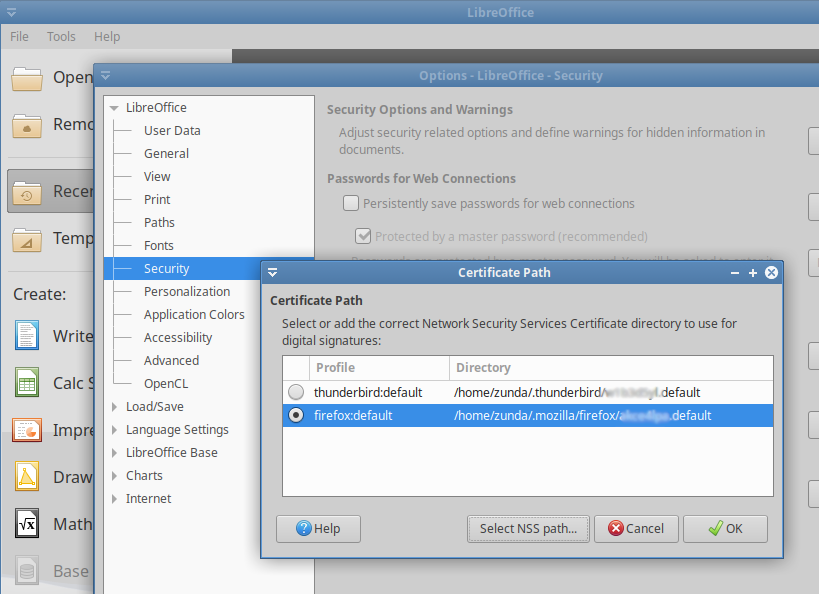 LibreOfficeの証明書へのパスの変更